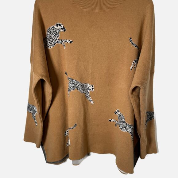 Entro Cheetah Print Mock Neck Oversized Cozy Knit Sweater Tan Drop Shoulder M - Picture 10 of 15